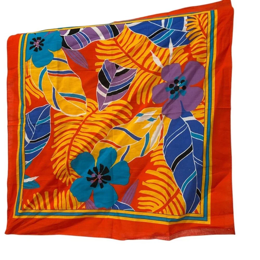 NEW cotton handkerchief tropical flowers orange red blue floral scarf